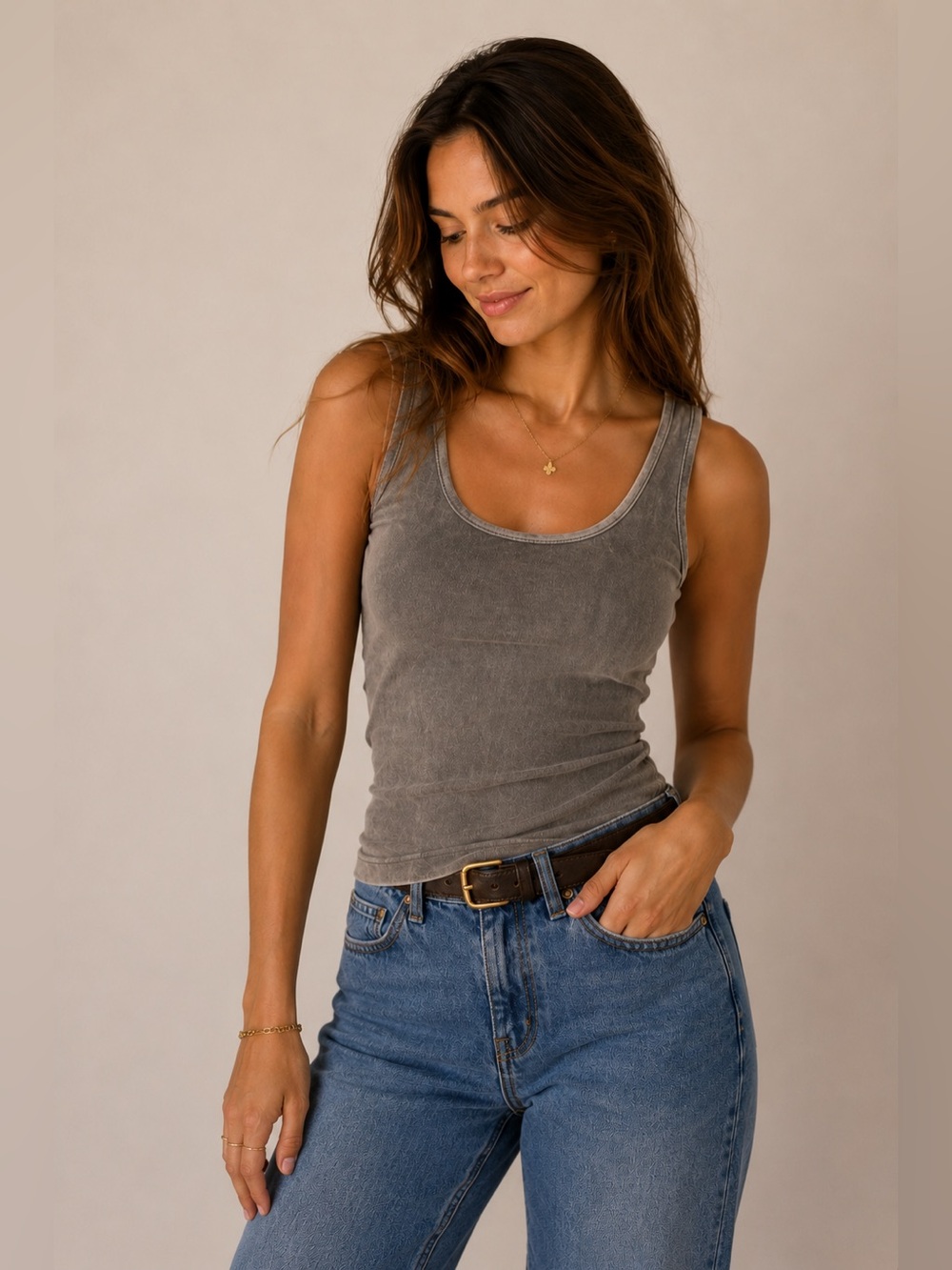 Nikibiki Gray Ribbed Fitted Sleeveless Tank Top